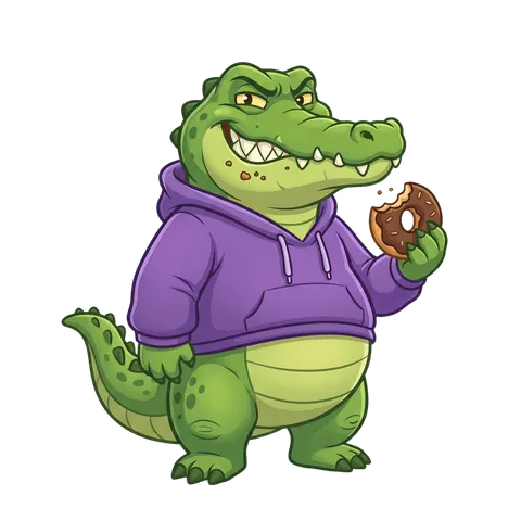 The Waste Croc, a grinning crocodile in a purple hoodie eating a doughnut
