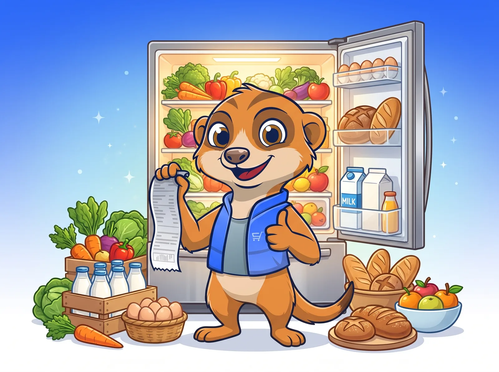 Buddy the meerkat holding a grocery receipt in front of an open, well-stocked fridge