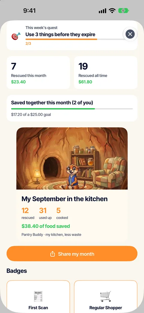 Monthly recap: 12 items rescued, 31 used up, 5 cooked, $38.40 of food saved