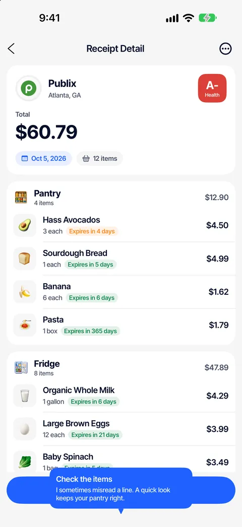 Receipt detail in the app: every item sorted into pantry or fridge with an expiry estimate