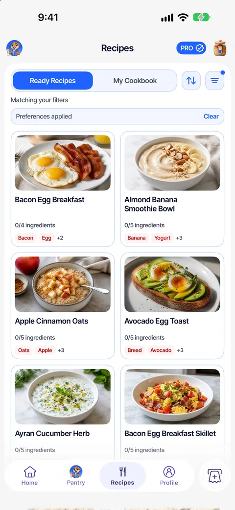 Ready recipes matched to what is in the pantry